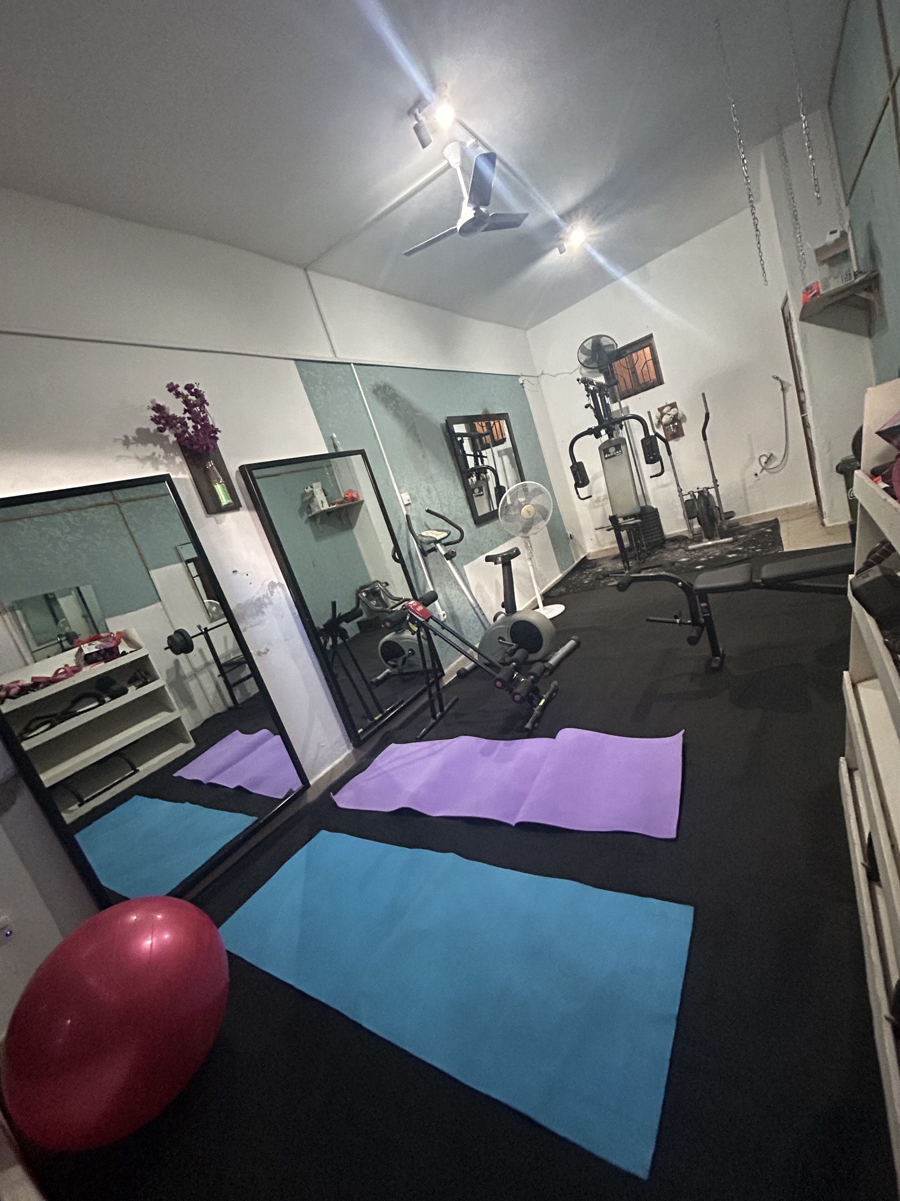 A gym with exercise equipment, yoga mats, and a red exercise ball.