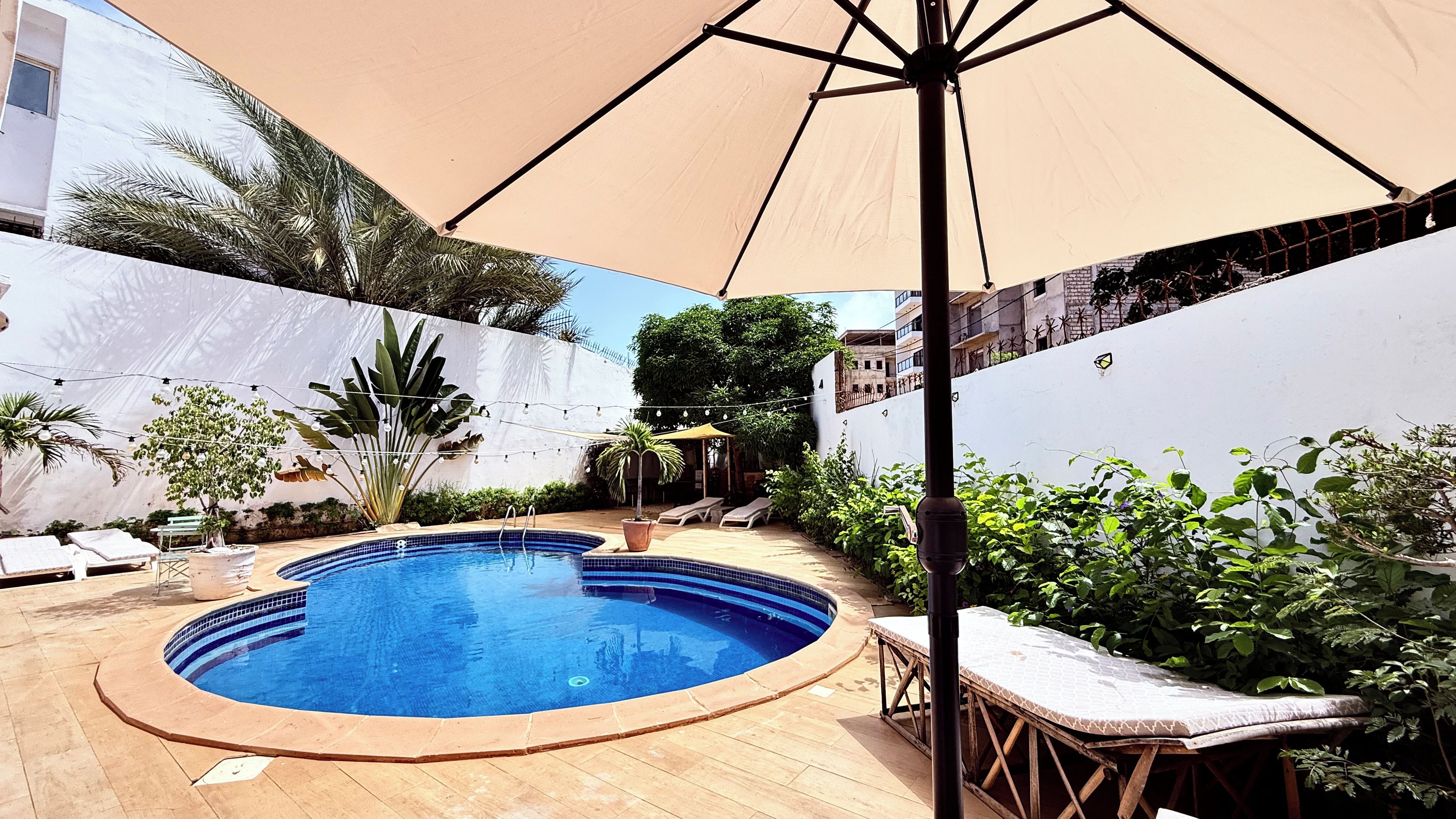 Una piscina con una sombrilla, sillas de descanso y plantas en macetas.