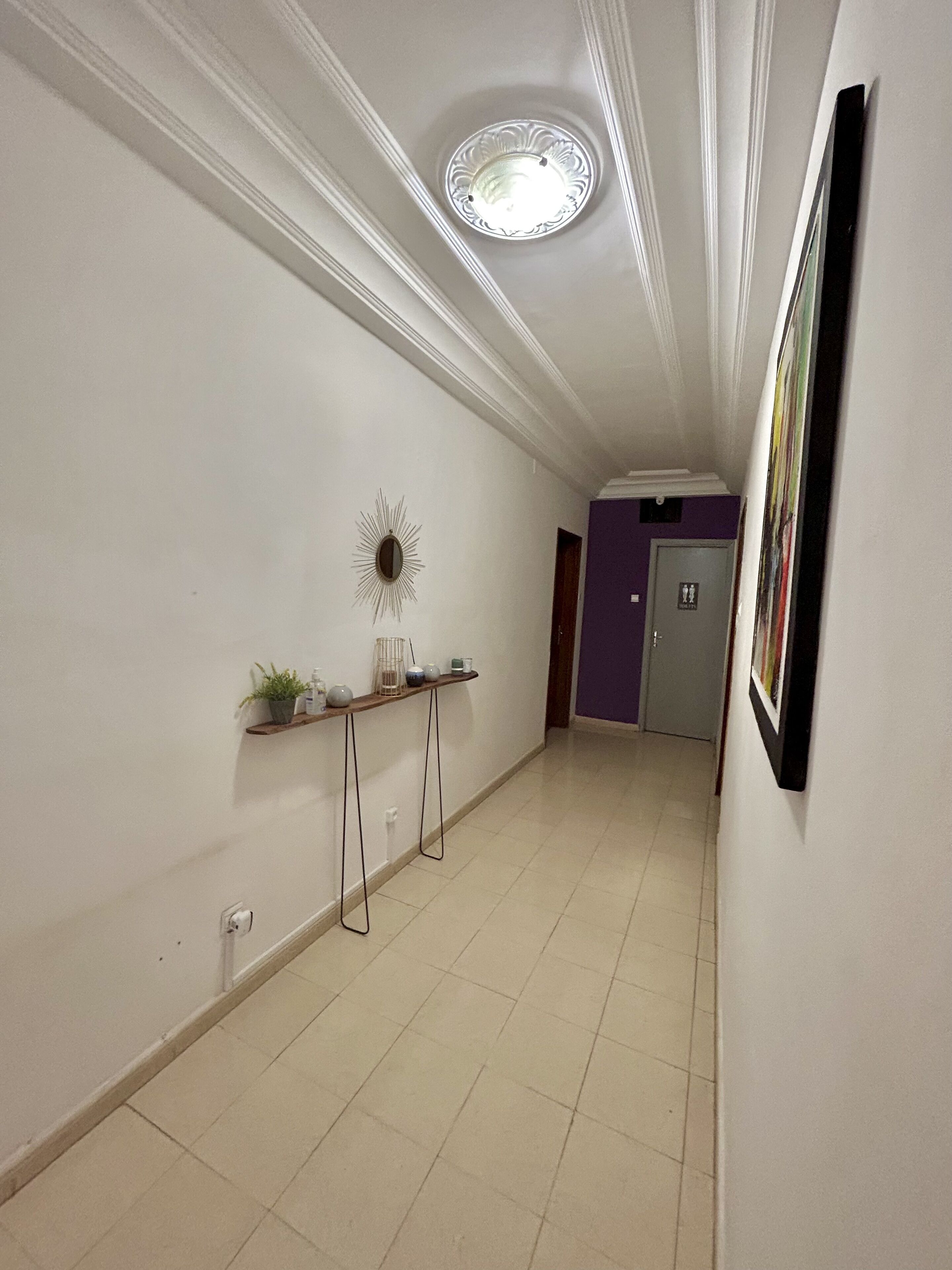 Ein Flur mit weißer Decke, einer Zierleuchte, einem Regal mit Pflanzen und Dekoration sowie einer Tür am Ende.