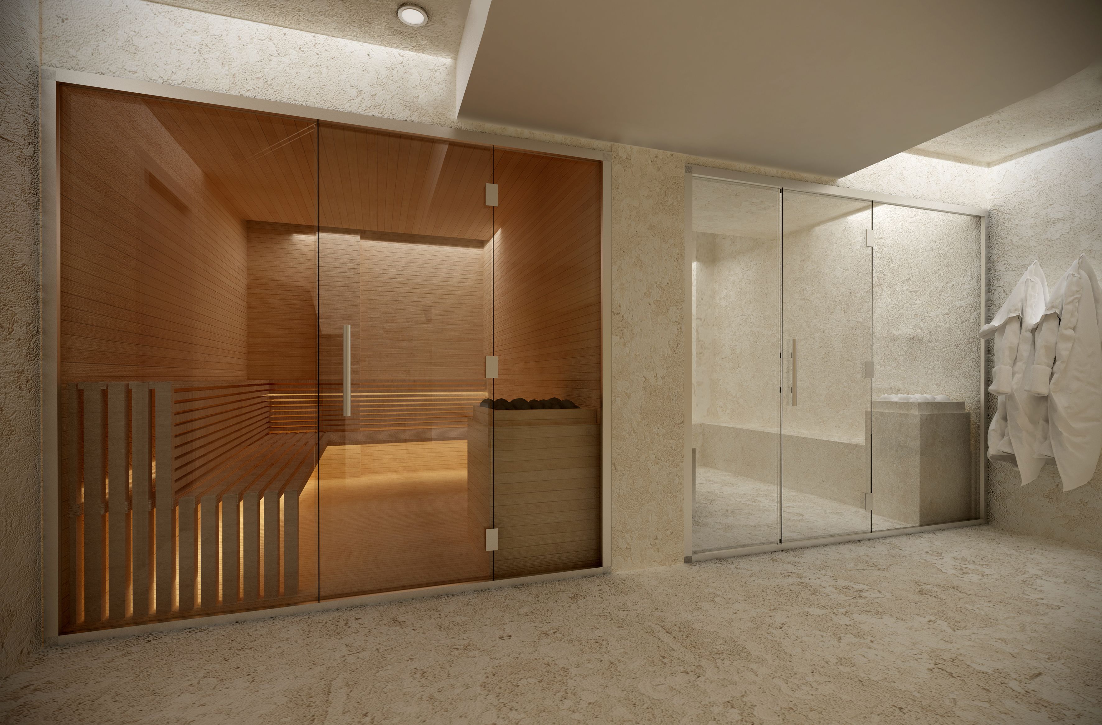 Un baño moderno con tocador de madera, cabina de ducha de vidrio y suelo de mármol.