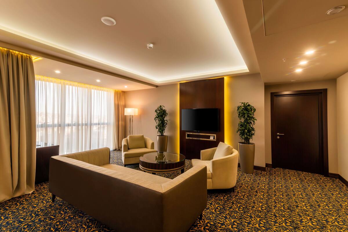 Une chambre d’hôtel équipée d’un canapé, de fauteuils, d’une table basse, d’un téléviseur à écran plat et d’une grande plante en pot.
