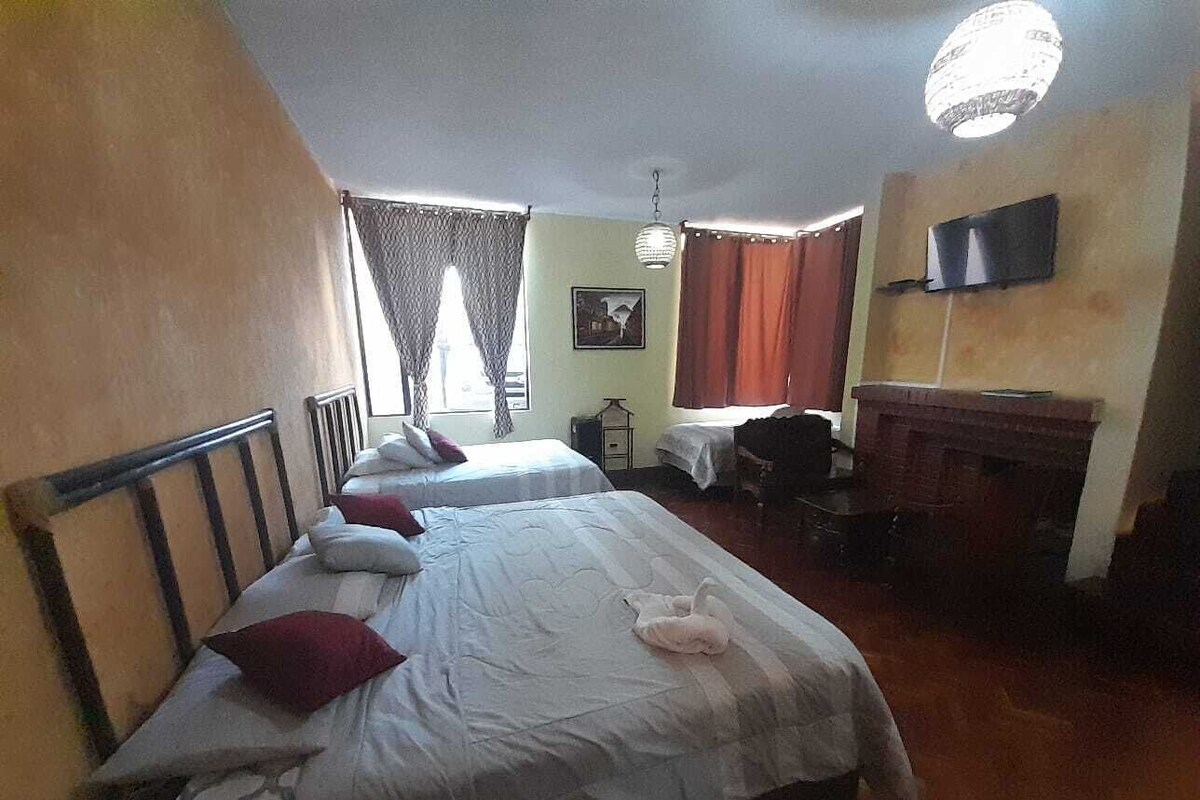 Ein Hotelzimmer mit zwei Betten, einem Schreibtisch, einem Stuhl, einem Fernseher und einem Kamin.