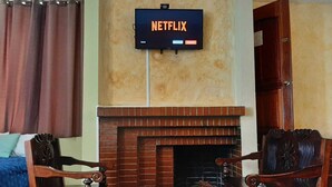 Un salon avec une cheminée, un téléviseur fixé au-dessus diffusant du contenu « NETFLIX », et deux fauteuils en bois.
