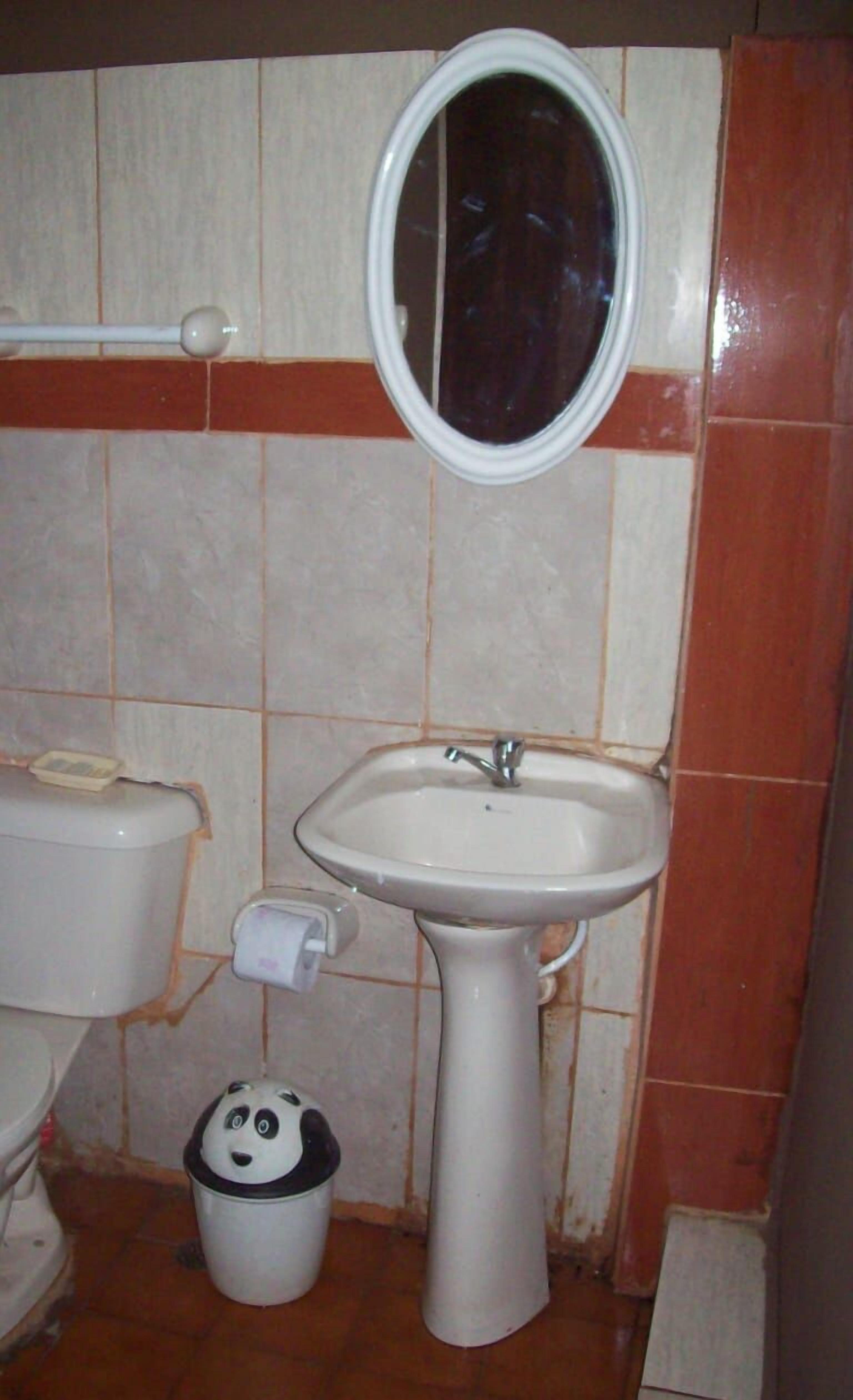 A bathroom with a toilet, sink, mirror, and a trash bin.