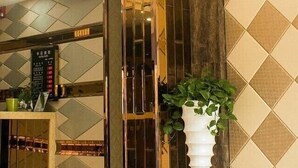 A hotel lobby with a modern design, featuring a reception desk, a large potted plant, and a decorative wall with geometric patterns. - Chaolv Business Hotel (Hangzhou)