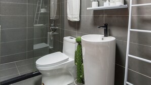 A modern bathroom with a shower, toilet, sink, and a mirror.