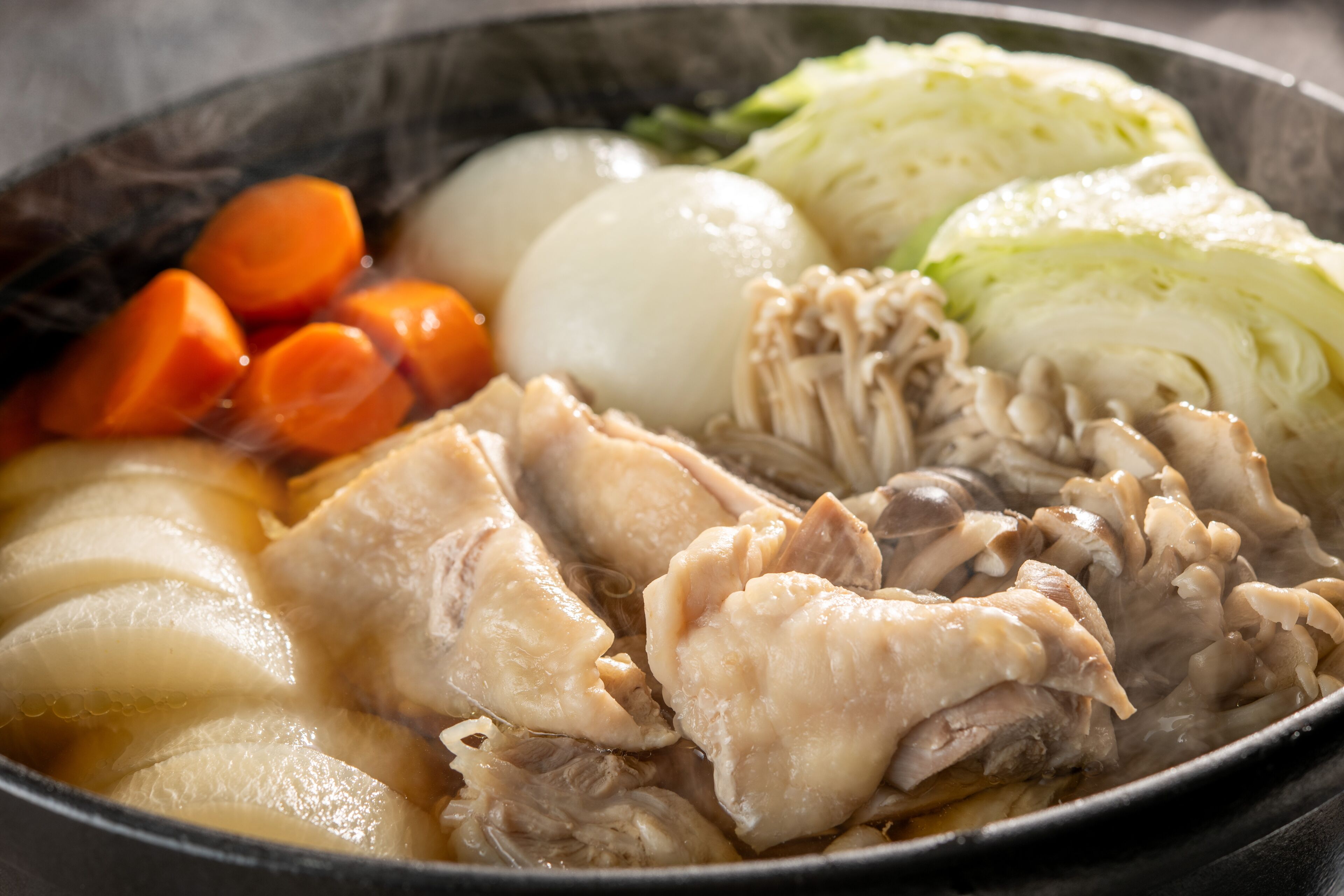 A bowl of soup with chicken, carrots, and cabbage.