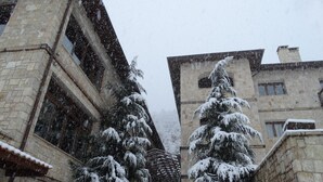 A stone building with a staircase leading up to a door, surrounded by snow-covered trees and potted plants. - Styga Mountain Resort (Aigialeia)
