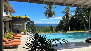 A modern pool area with lounge chairs, a view of the ocean, and tropical vegetation.