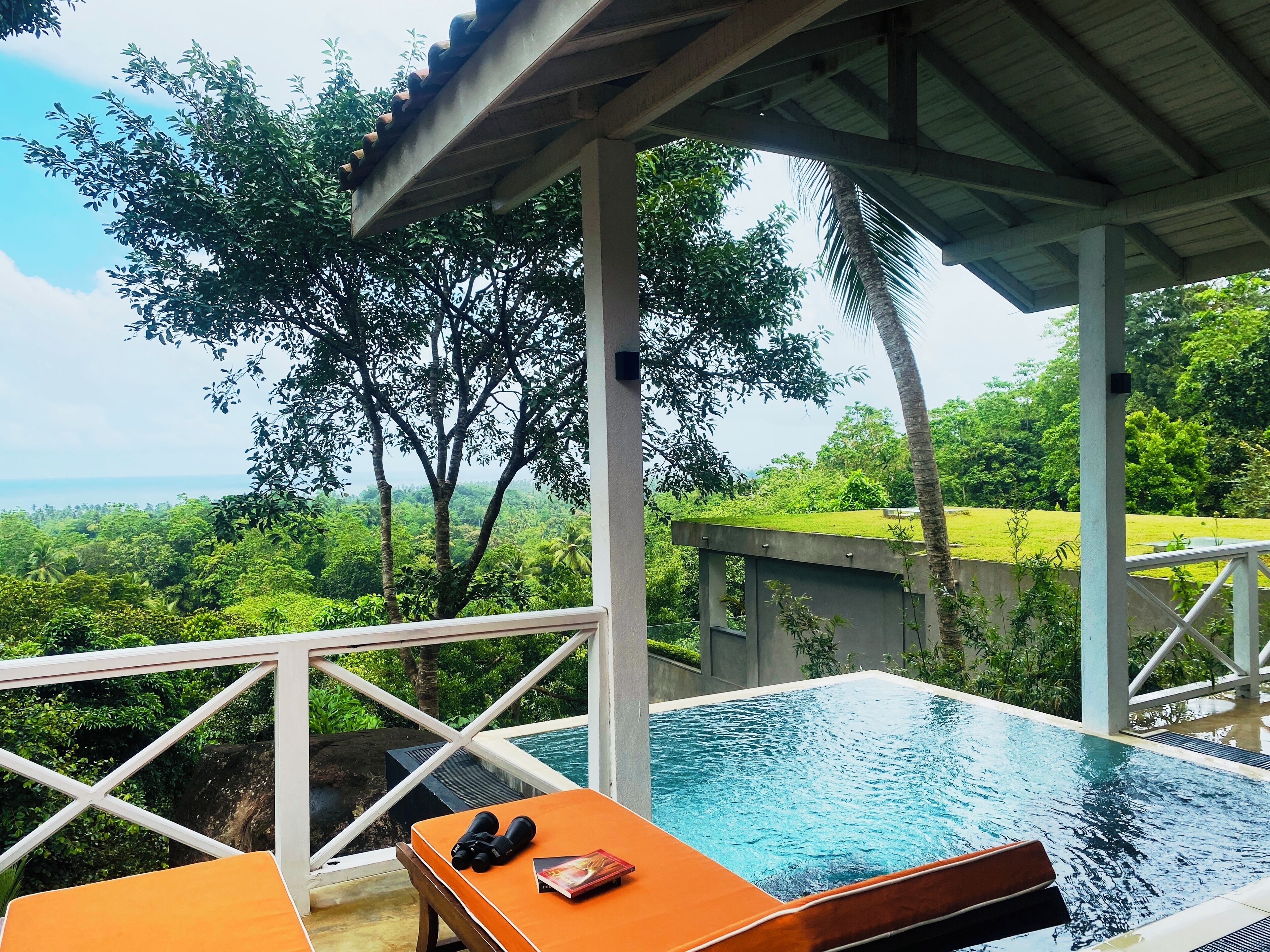 An outdoor pool area with a view of lush greenery and a distant body of water.