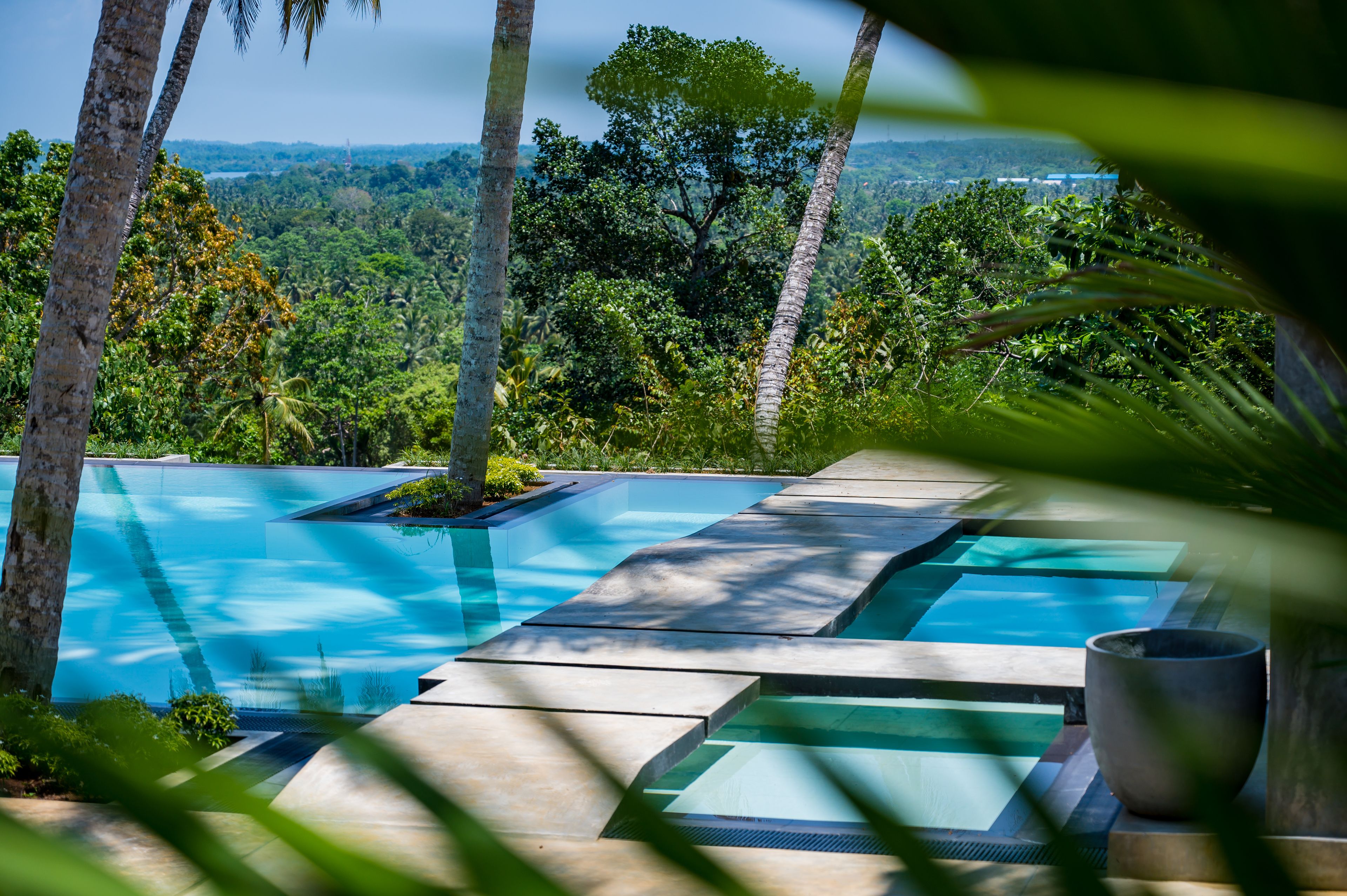 A pool area with clear blue water, surrounded by palm trees and lush greenery.