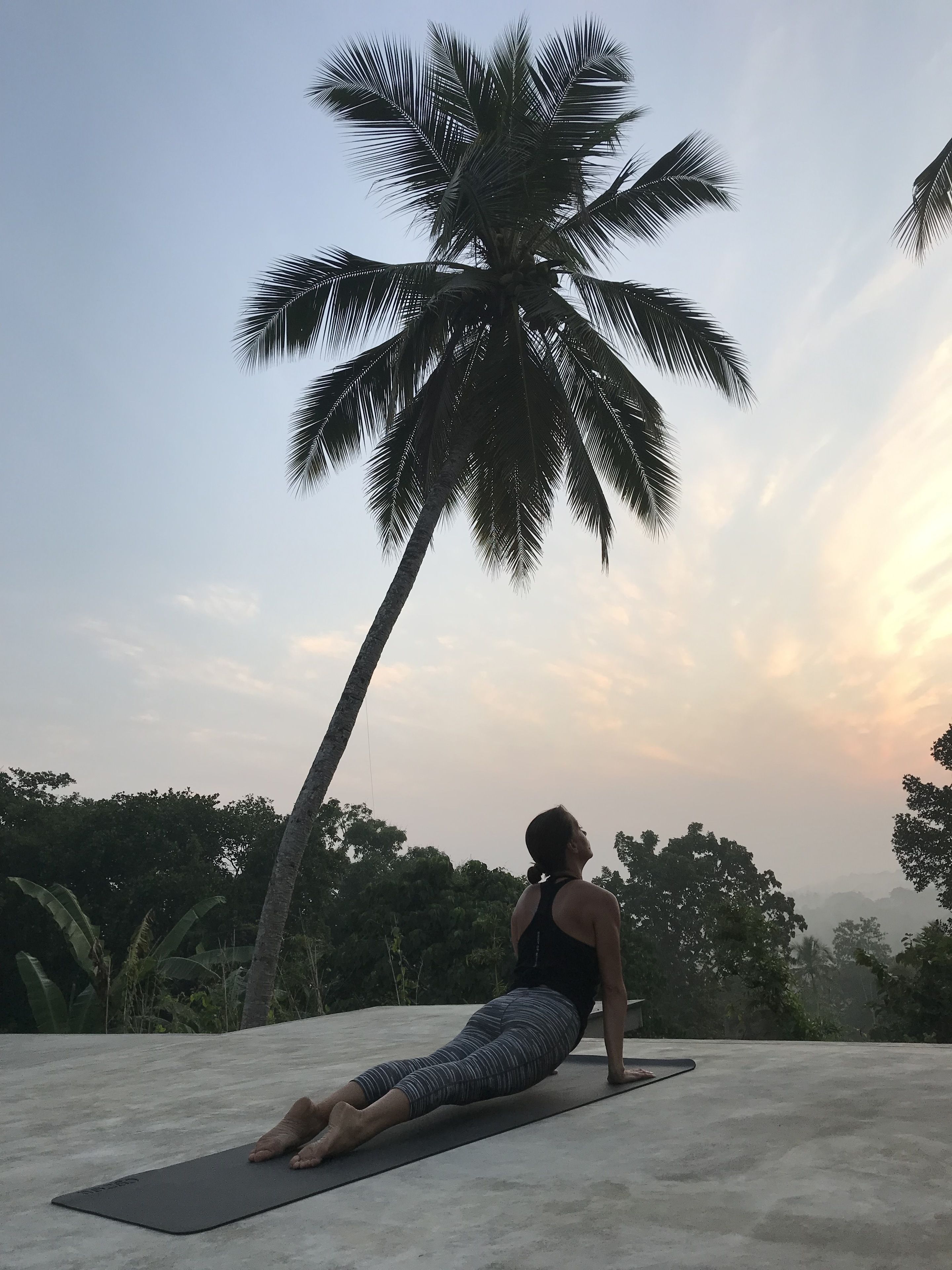 Iemand doet een yoga-houding op een mat, buiten, met een palmboom en bos op de achtergrond.