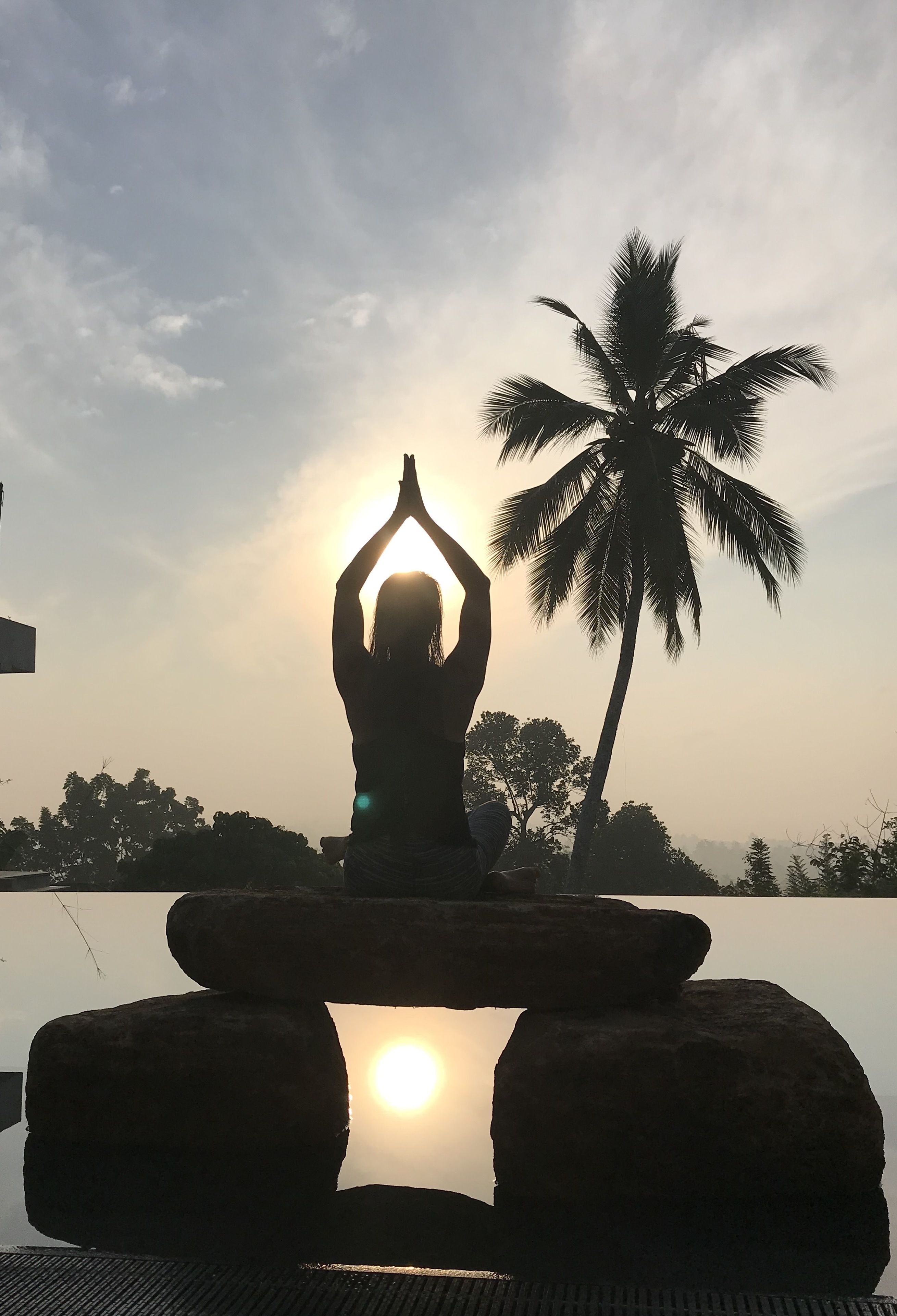 A silhouette of a person in a meditative pose with a palm tree and the sun in the background.