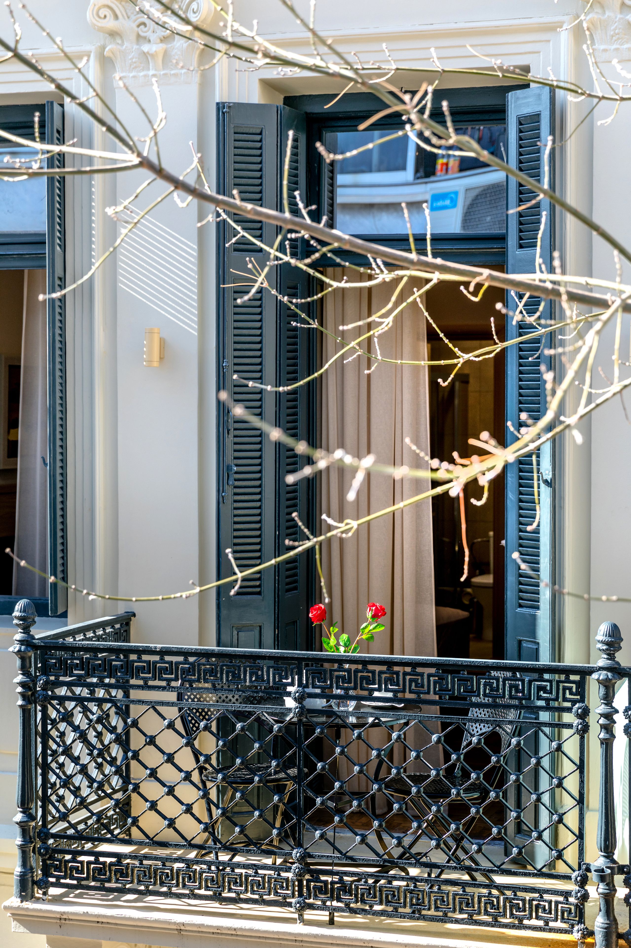 A balcony with a wrought iron railing and a potted plant with red flowers.