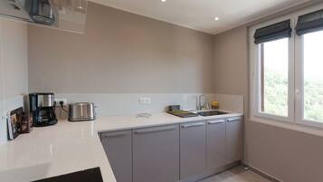 Fridge, microwave, oven, electric kettle