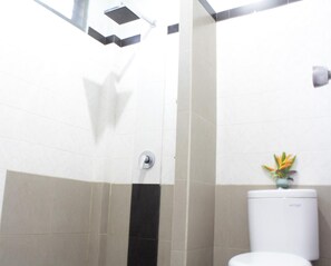 A bathroom with a shower, toilet, and a small plant on the wall. - Mangga Bali Inn (Kuta)
