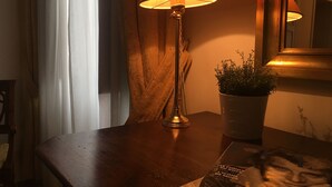 A table with a lamp, a potted plant, and a magazine. - Oriuolo Giotto (Florence)