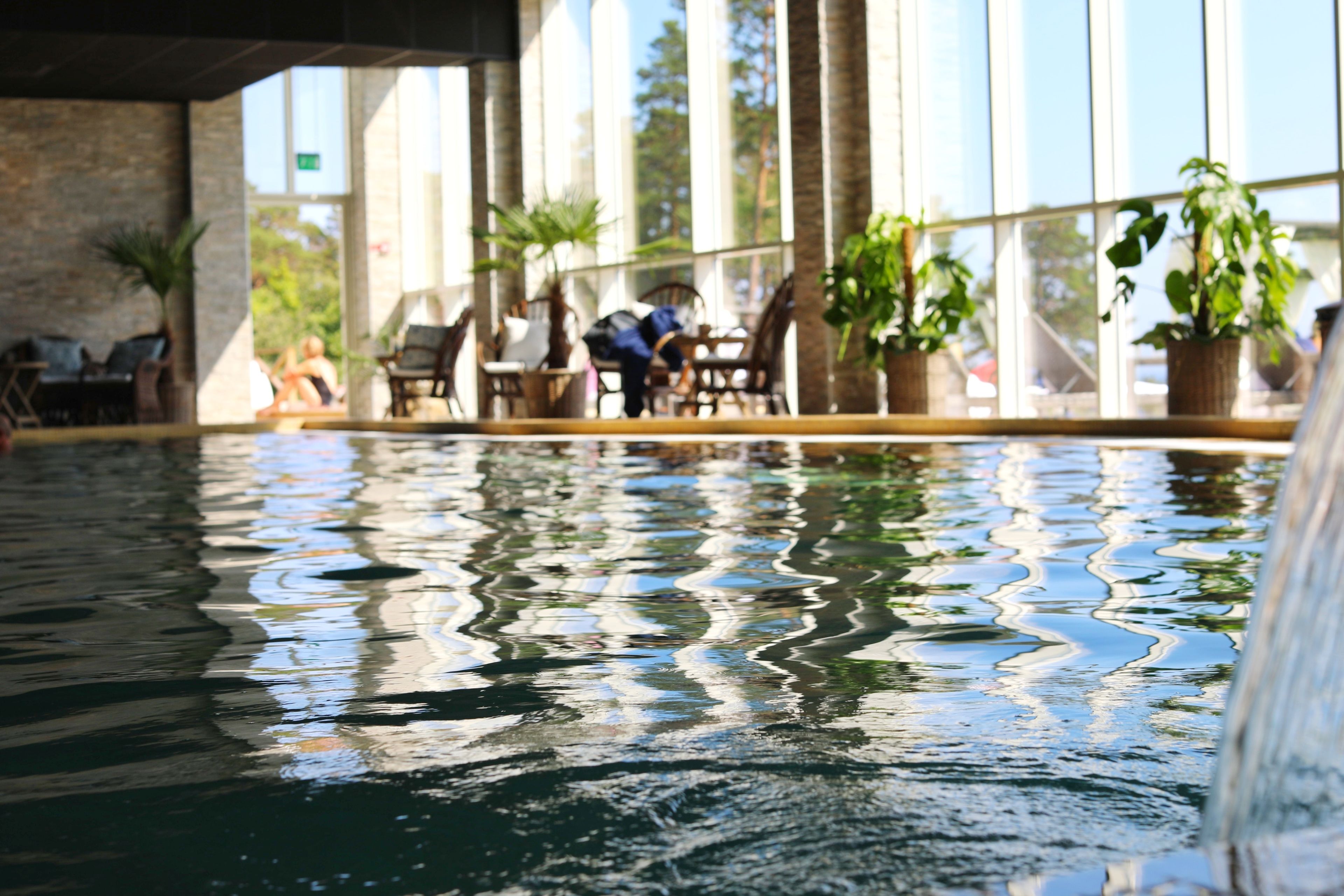 Une piscine intérieure dont l’eau reflète les chaises et les plantes en pot.