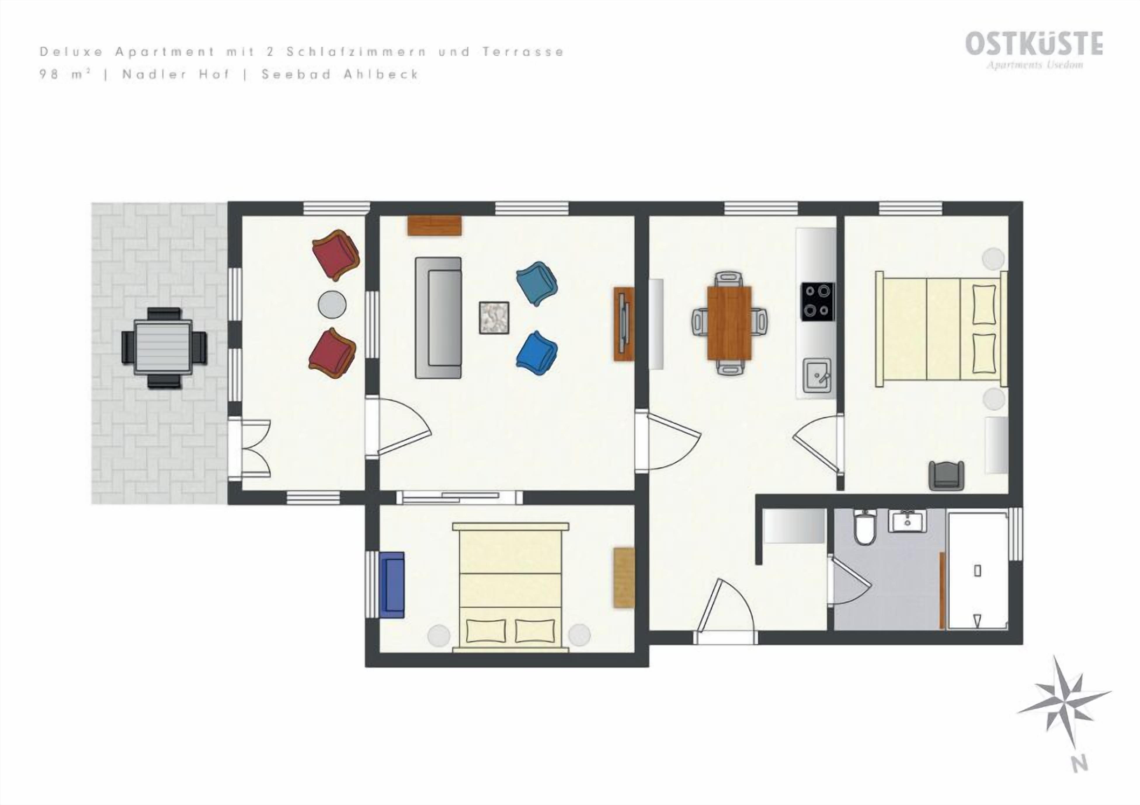 Un appartement de 98 m² comprenant deux chambres, un salon, une cuisine et une salle de bain.