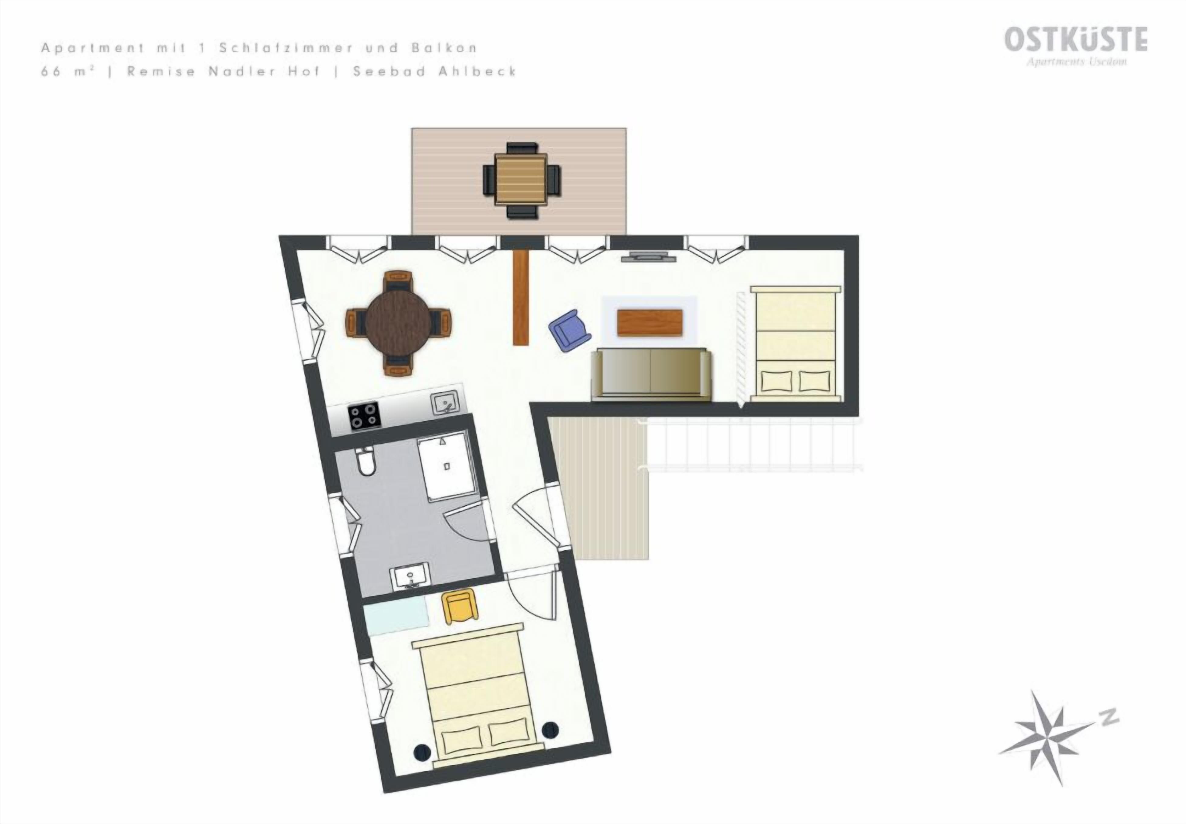 A floor plan of an apartment with 1 bedroom and a balcony, including a kitchen, living area, and bathroom.