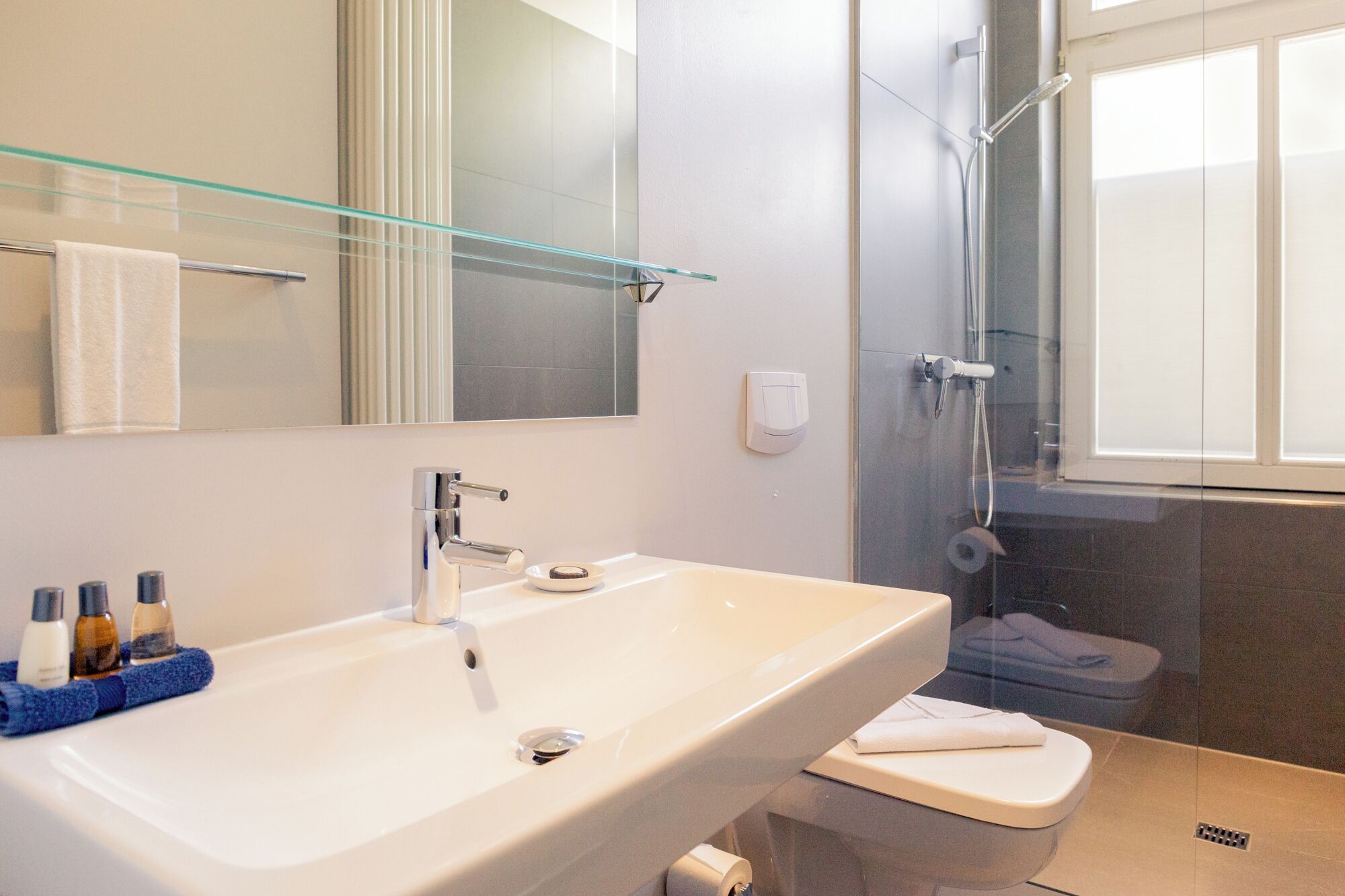 Une salle de bain moderne avec un grand lavabo blanc, une étagère en verre au-dessus et une douche séparée par des parois en verre.