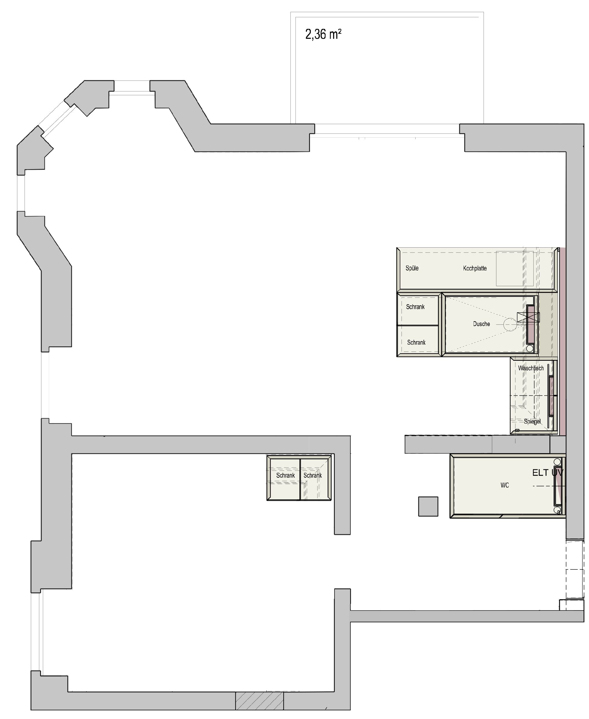 Et gulvplan over et hotelværelse med tekøkken, bruseområde og toilet.
