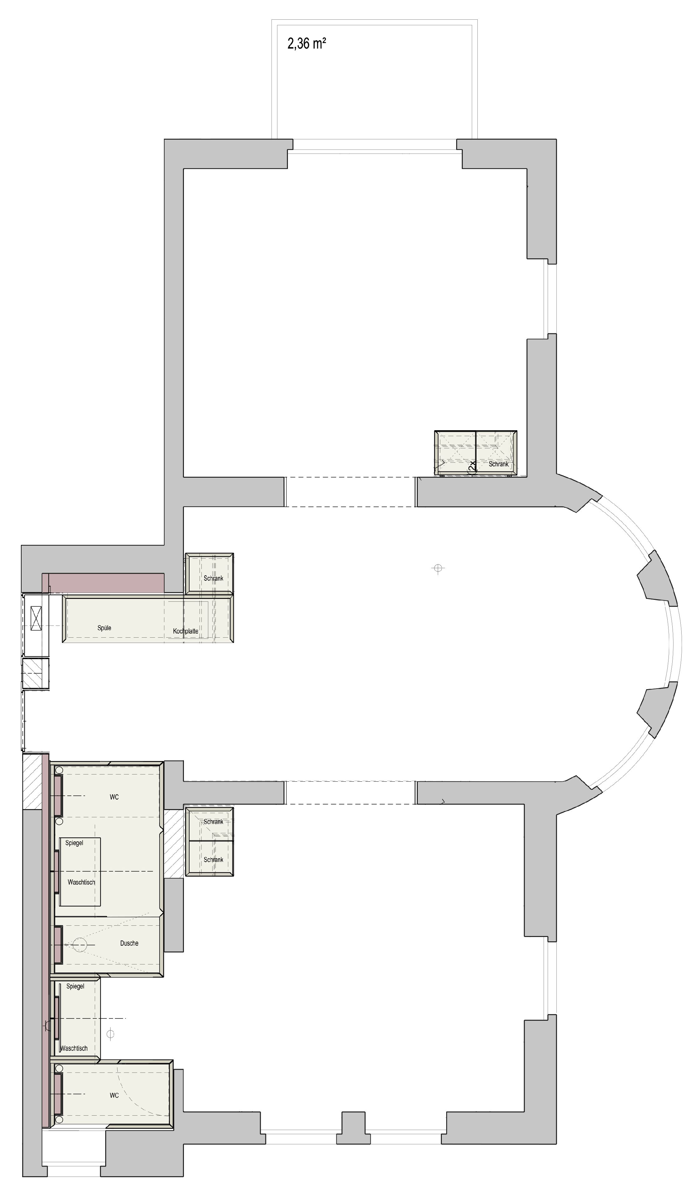 A floor plan of a hotel with a large central area, two wings with rooms, a WC, and a dining area.