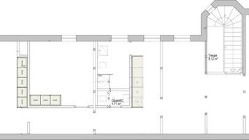 A floor plan of a hotel with a Treppe (staircase) leading to the upper floor, a GasteWC (guest WC) with a capacity of 1.77 m², and multiple rooms with varying sizes.