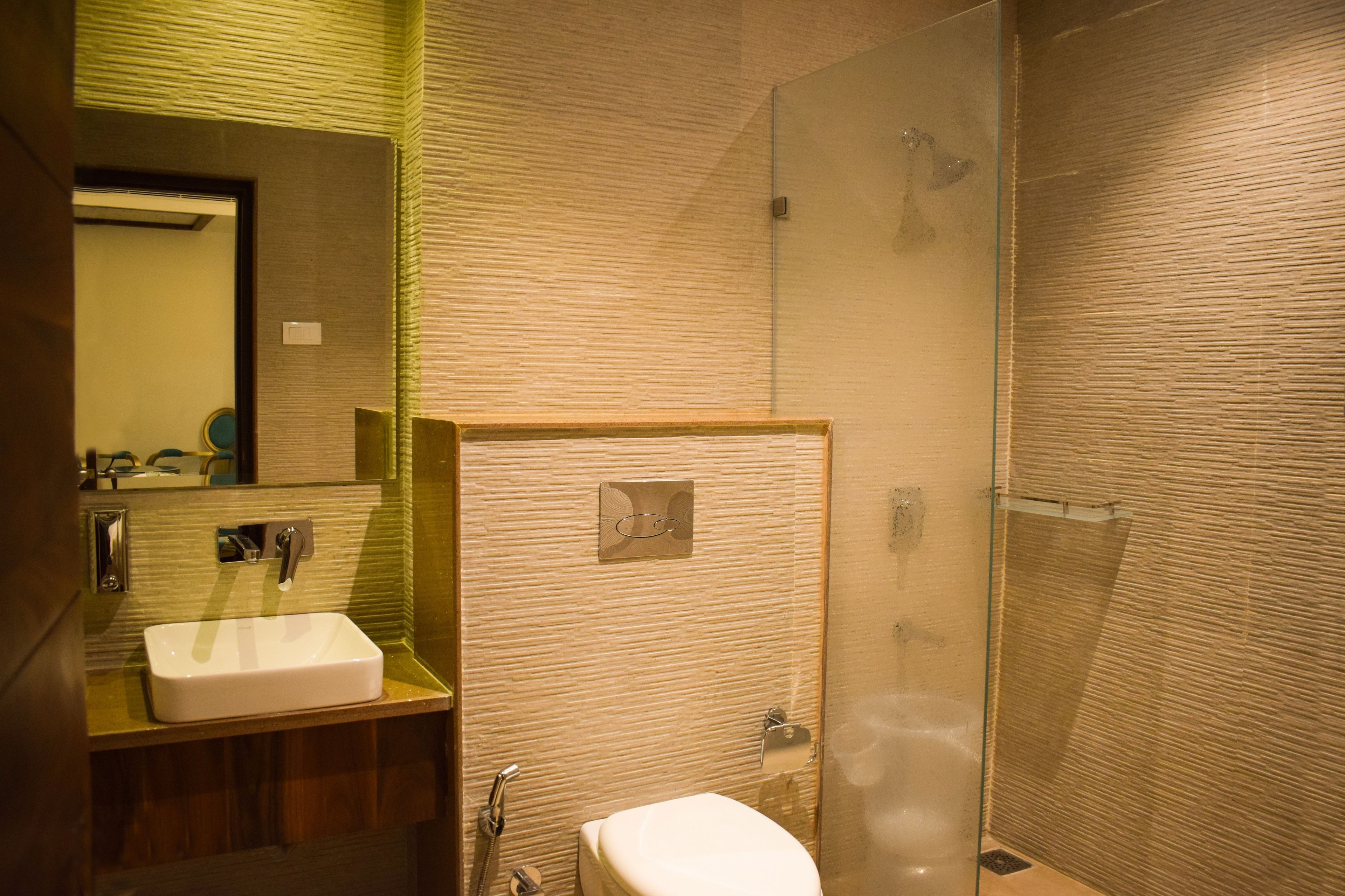 shower, rainfall showerhead, slippers, towels