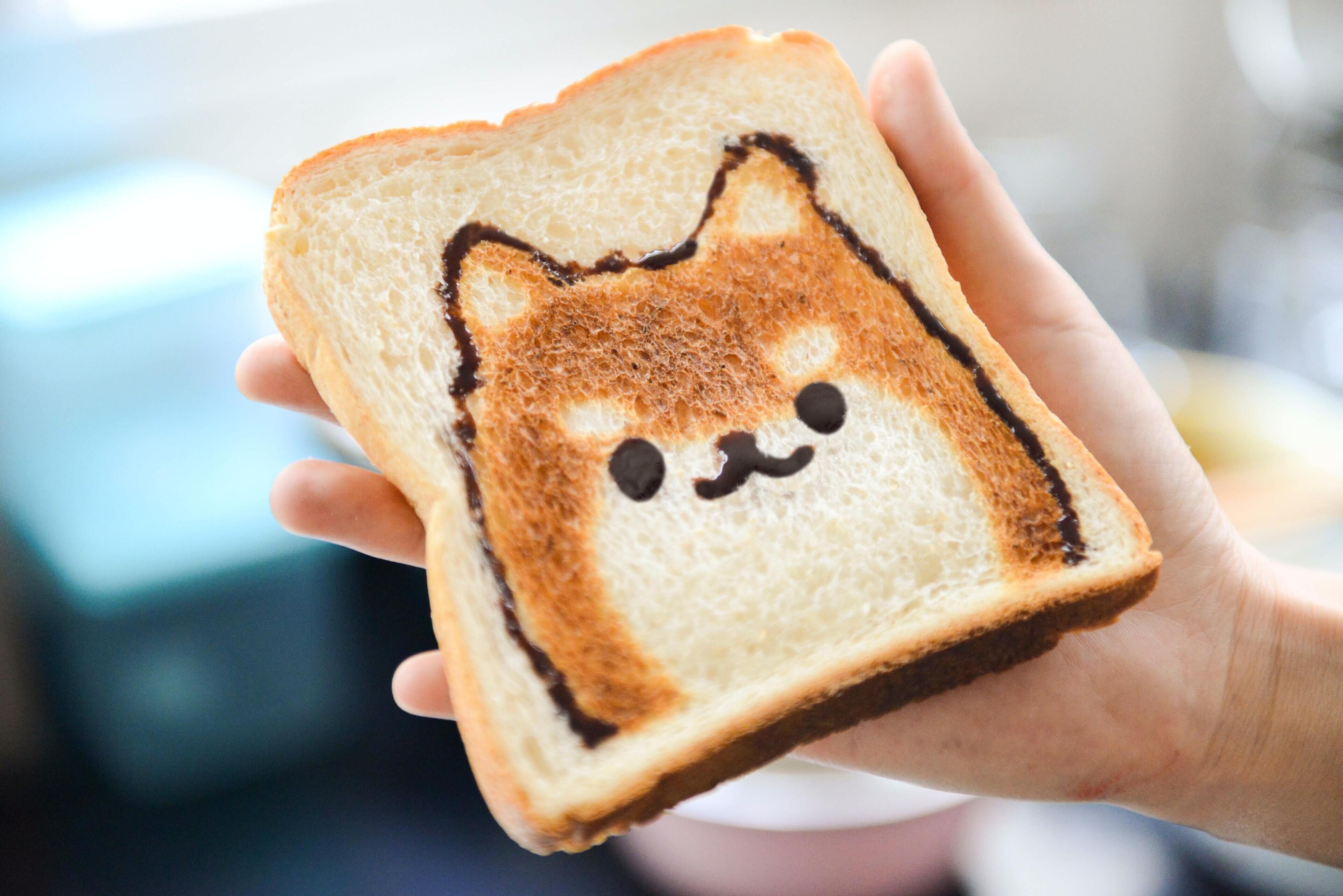 Een hand die een geroosterd broodje vasthoudt met een kattengezicht erop.