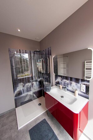 Douche, sèche-cheveux, serviettes fournies, savon
