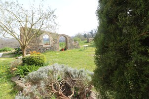 Um edifício de pedra com uma janela em arco e um pequeno jardim com diversas plantas e uma árvore.