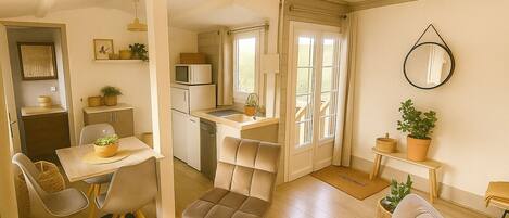 Fridge, microwave, espresso maker, coffee/tea maker