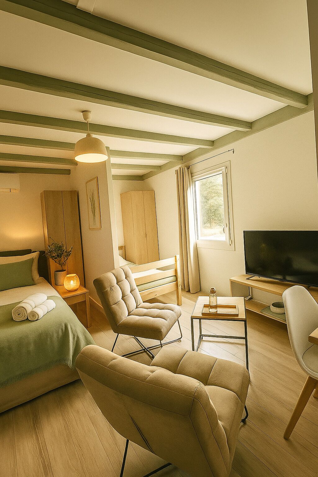 Ein gemütliches Zimmer mit einem Bett, zwei Sesseln, einem Fernseher und einem Holzschrank.
