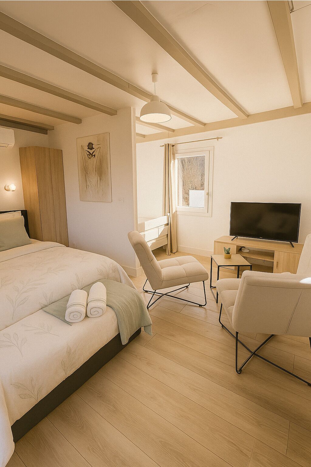 Una habitación de hotel moderna con una cama grande, dos sillas, un escritorio con televisor y una ventana con cortinas.