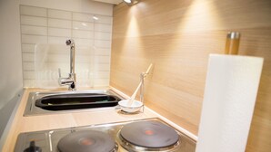 Eine moderne Küche mit Spüle aus Edelstahl, zwei Kochfeldern und einer Holzrückwand.
