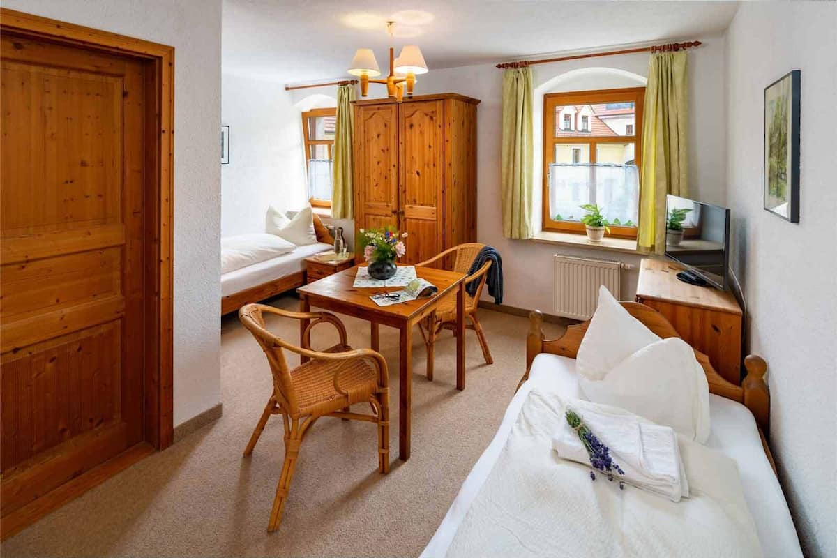 A cozy room with a bed, a wooden table with chairs, a TV, and a window with curtains.