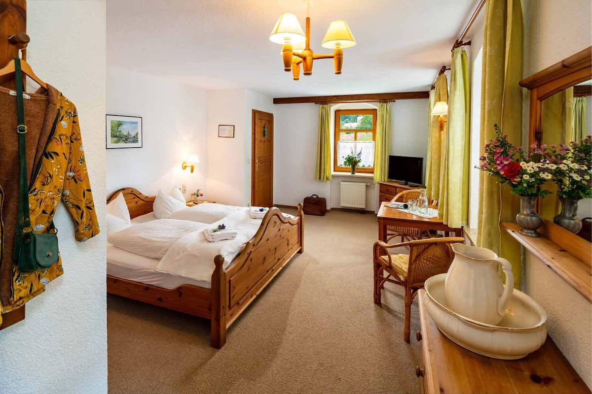 A hotel room with a wooden bed, a desk with a chair, a television, and a large mirror.