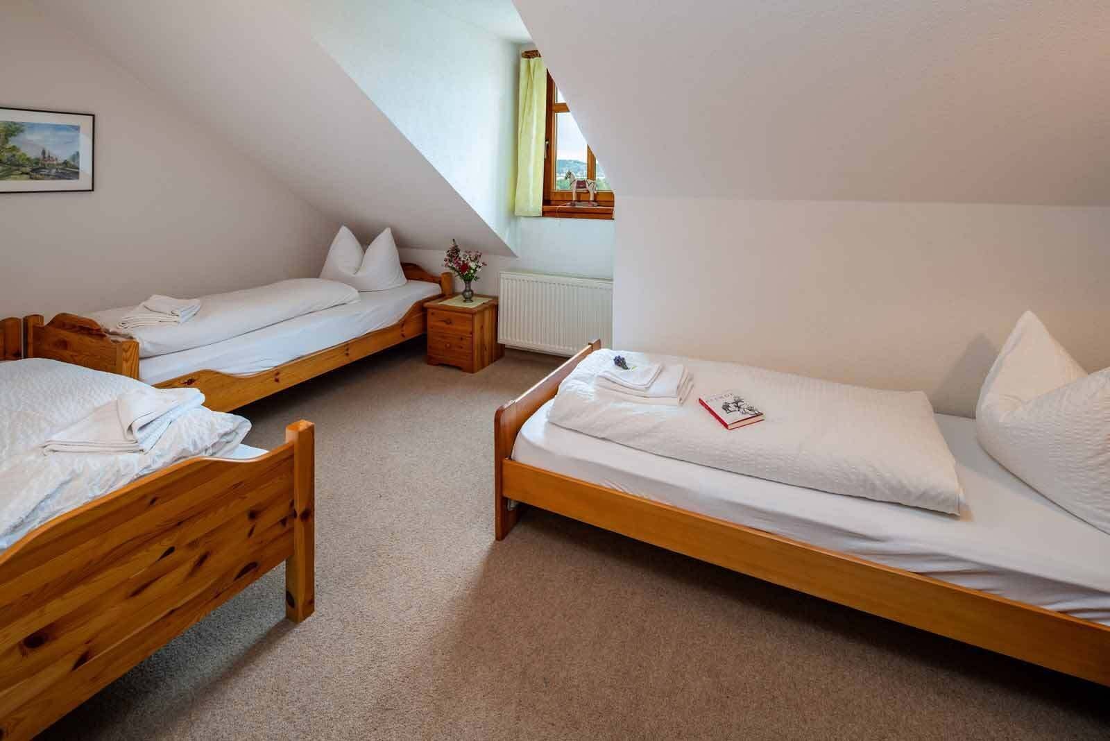 A room with three wooden beds, a small wooden nightstand, a radiator, and a window with a view of the countryside.