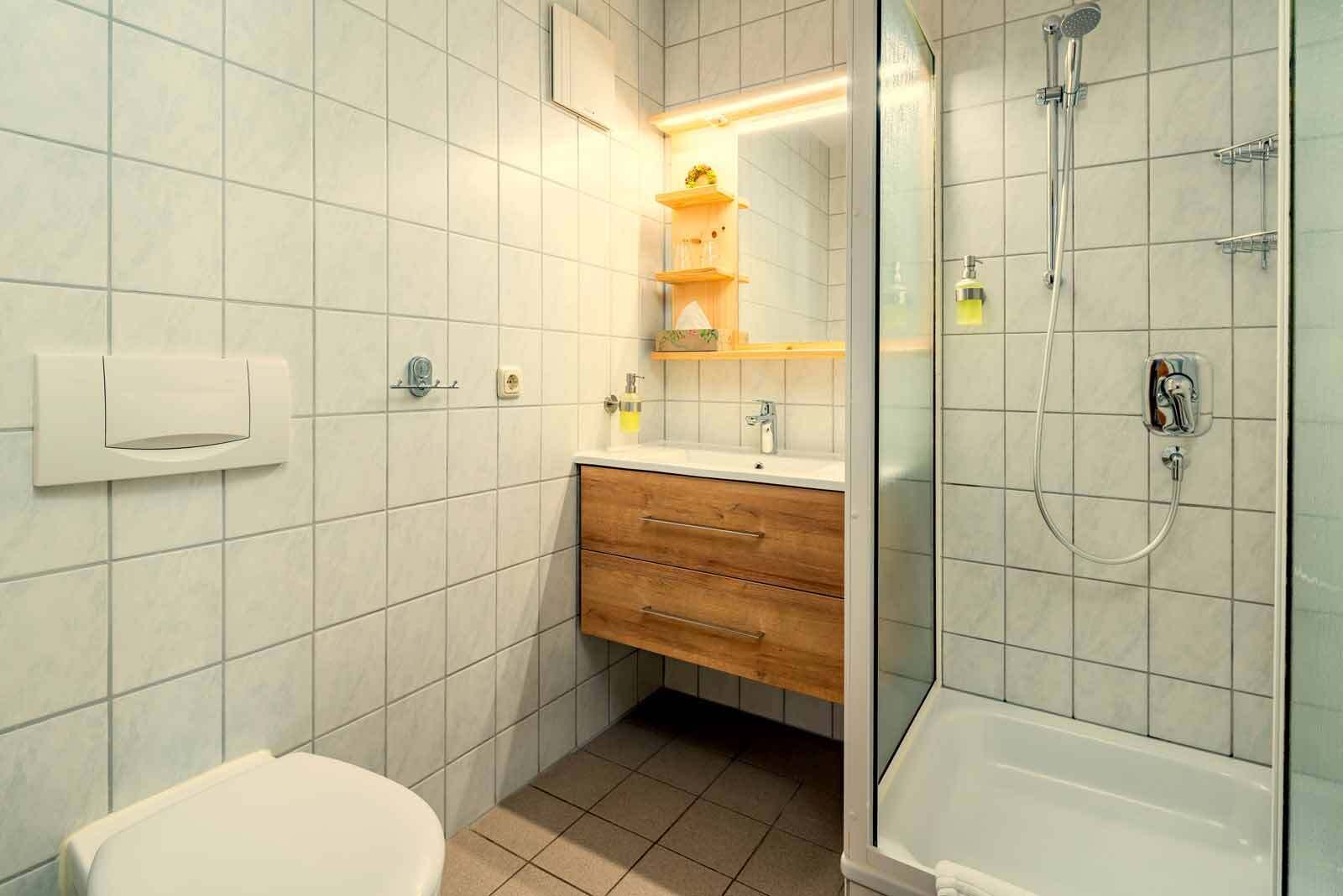 A modern bathroom with a toilet, a sink with a wooden vanity, a glass shower enclosure, and a mirror above the vanity.