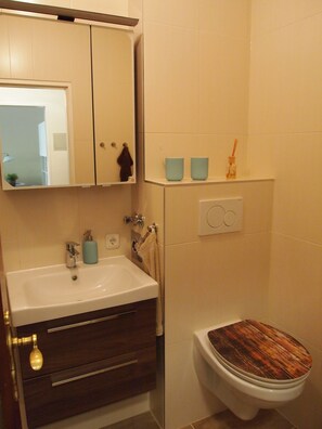 Apartment (incl. 45 EUR cleaning fee) | Bathroom | Shower, hair dryer - Ferienwohnung AltesSalzwerk (Bad Harzburg)