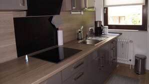 A modern kitchen with a black induction cooktop, stainless steel sink, and wooden cabinetry. - Ferienwohnung AltesSalzwerk (Bad Harzburg)