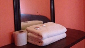 Baño con repisa de madera que sostiene un rollo de papel higiénico y una toalla blanca doblada.
