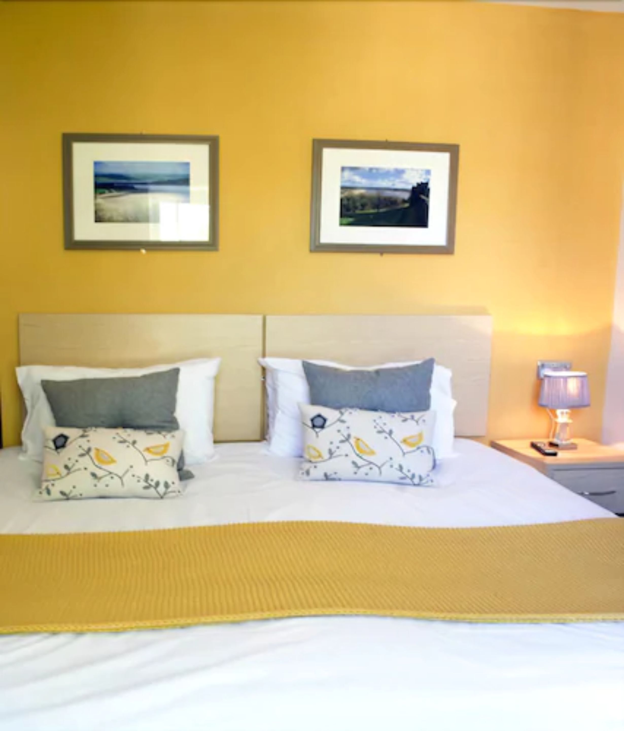 Een tweepersoonsbed met twee kussens, een nachtkastje met een lamp, en twee ingelijste foto's aan de muur.