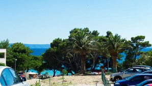 A beachside parking area with cars, palm trees, and a clear view of the sea. - Apartments Leone (Baska Voda)