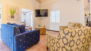 A living room with a blue sofa, a patterned armchair, a flat-screen TV, and a potted plant on the wall. - Old Aloe House (Savaneta)