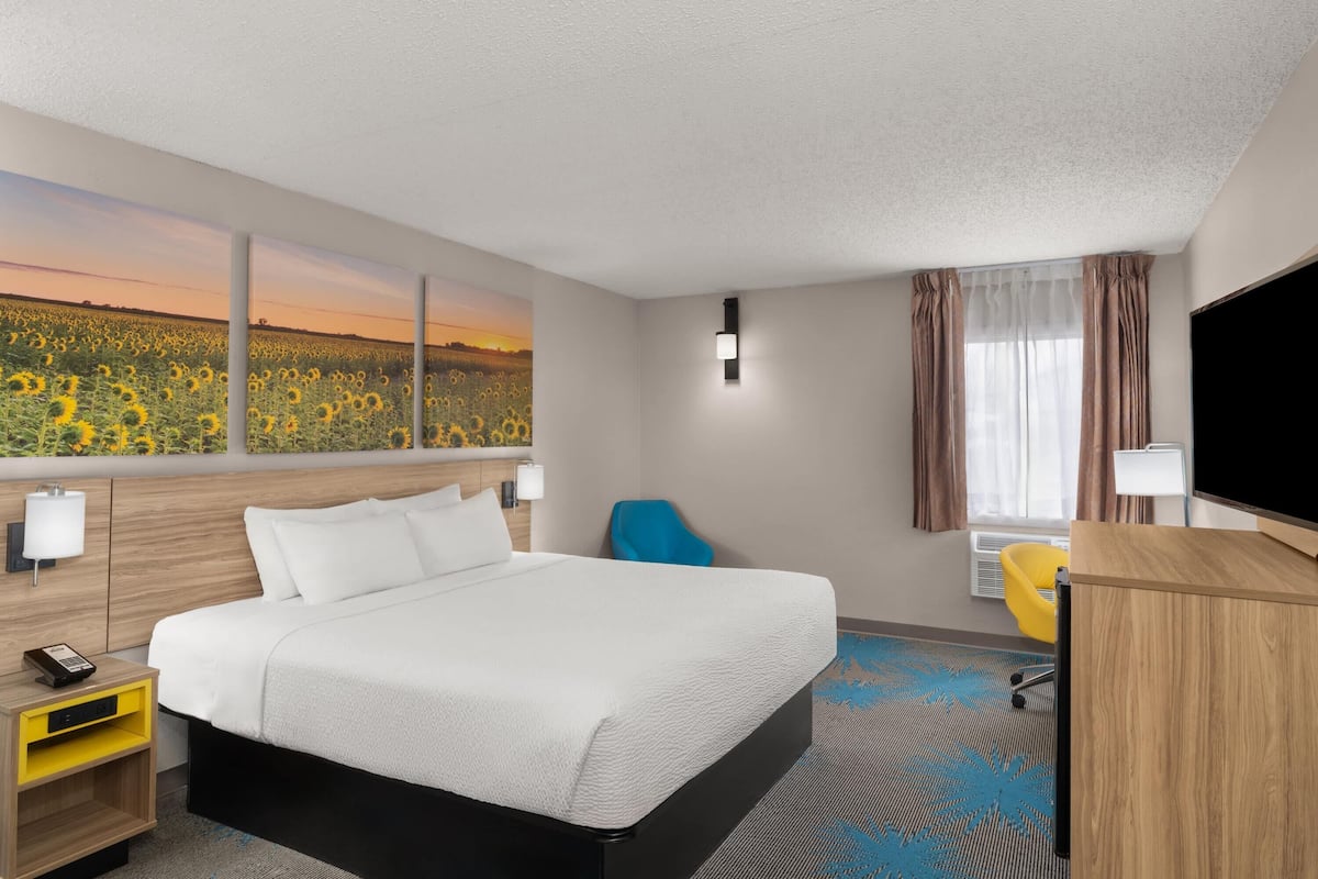 A hotel room with a large bed, a desk, a chair, a TV, and a window with a view of sunflowers.