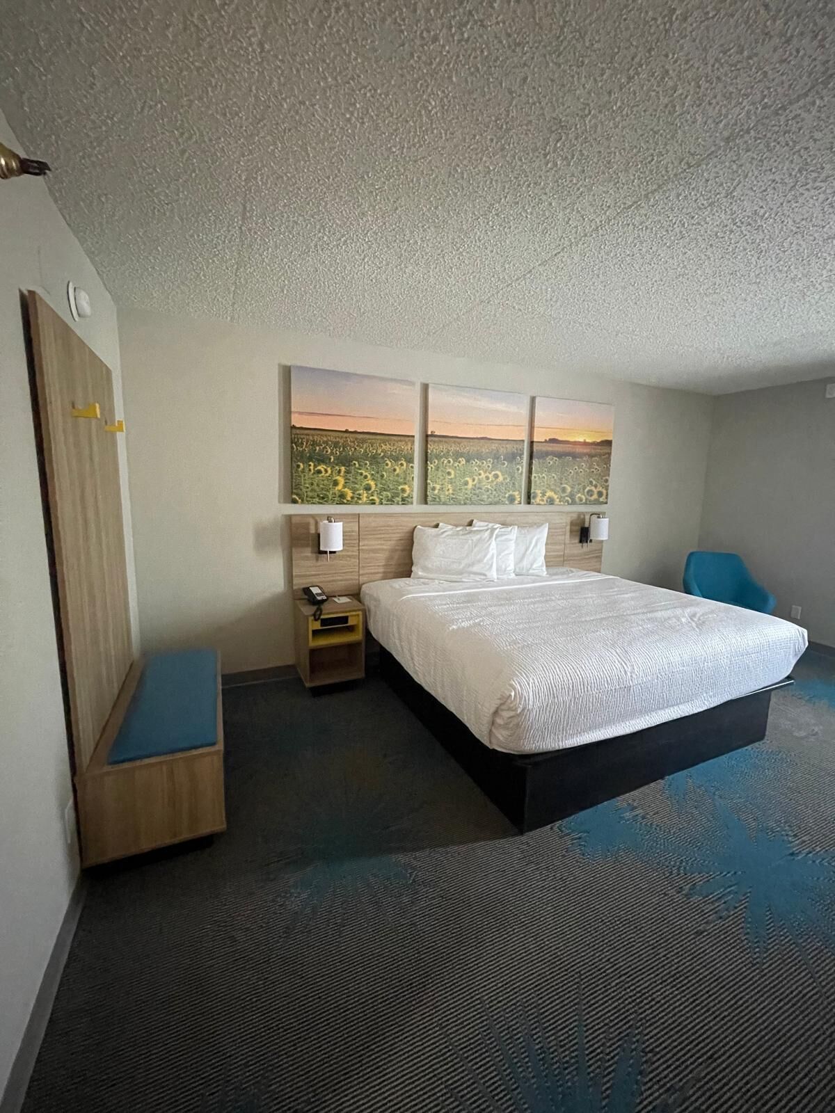 A hotel room with a large bed, a bedside table with a lamp, a small desk, and a chair.