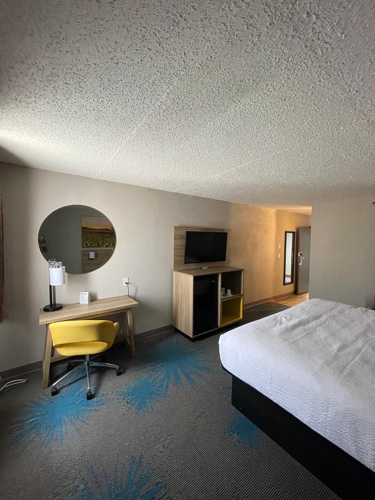 A hotel room with a bed, a desk with a chair, a television, and a mirror.