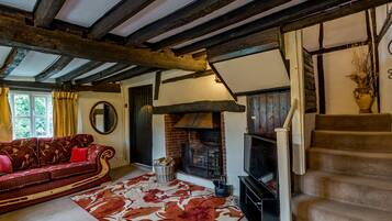 Cottage | Ruang keluarga | TV layar datar, perapian, dan pemutar DVD